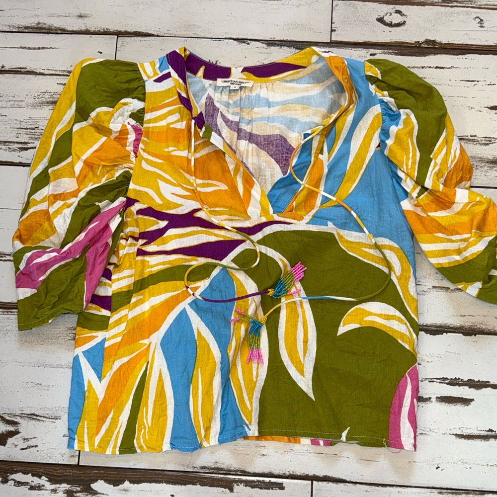 Christian Siriano bold foliage linen blend ladies blouse